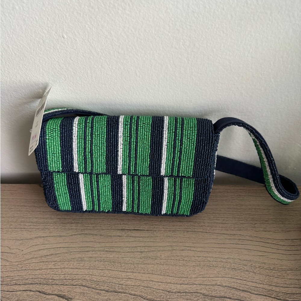 Anthropologie Striped Green and Blue beaded Women's Bag brand new